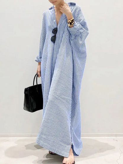 Alyssa™ - Robe Maxi Imprimée à Rayures avec Manches Bouffantes