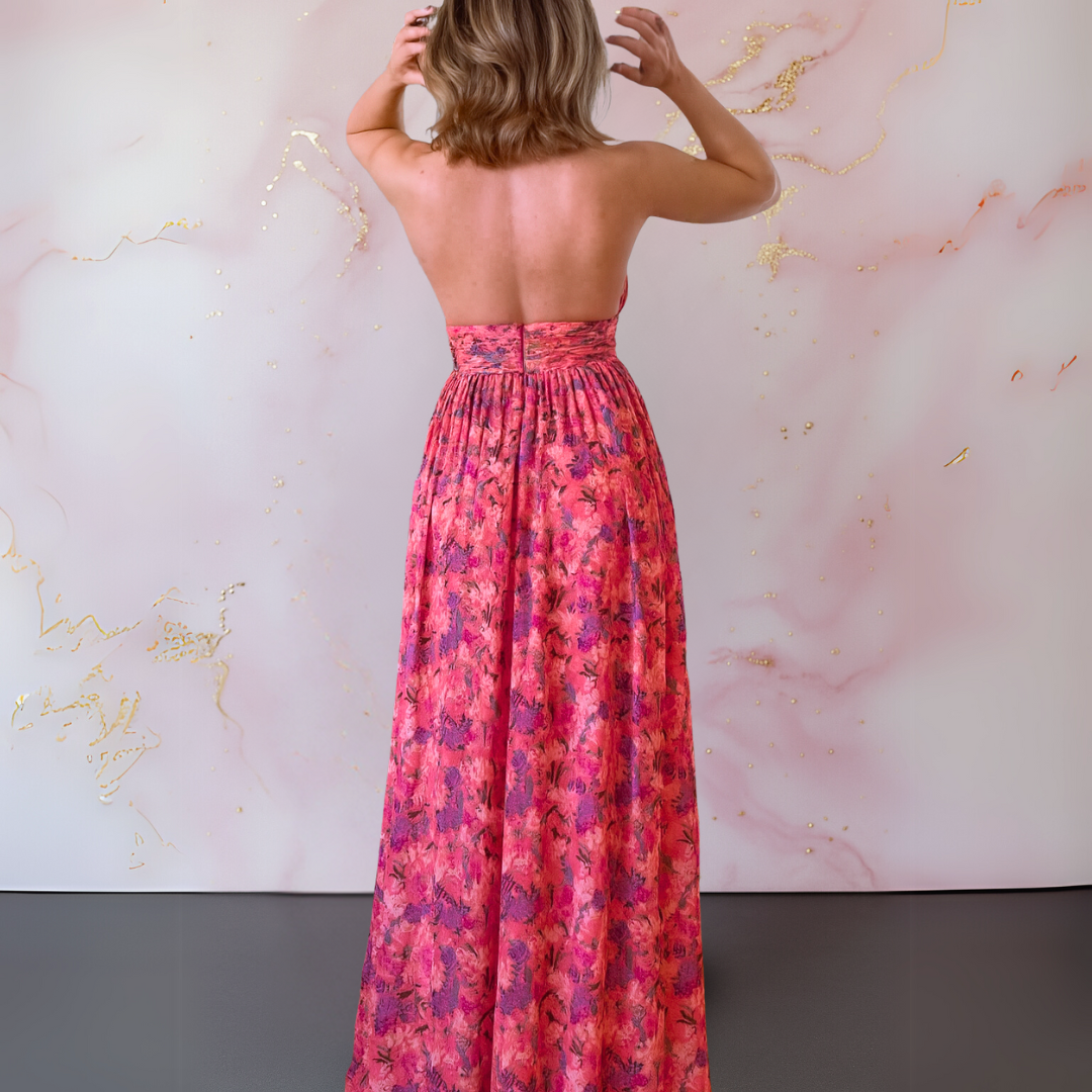 Vania – Robe Maxi Florale Élégante avec Dos Nu