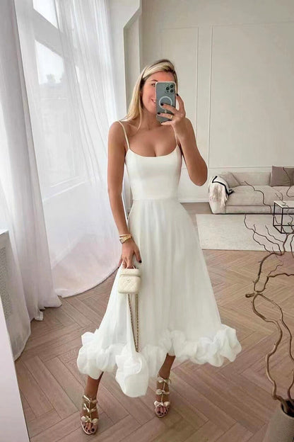 Robe Maxi Femme à Bretelles Spaghetti, Jupe Évasée et Ourlet Volanté