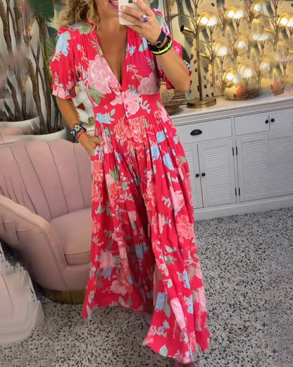 Catrisa ~ Robe Fleurie avec Décolleté en V et Poches