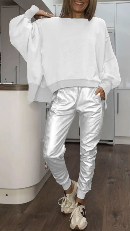 Ensemble Décontracté avec Col Rond pour Femme + Pantalons en Cuir