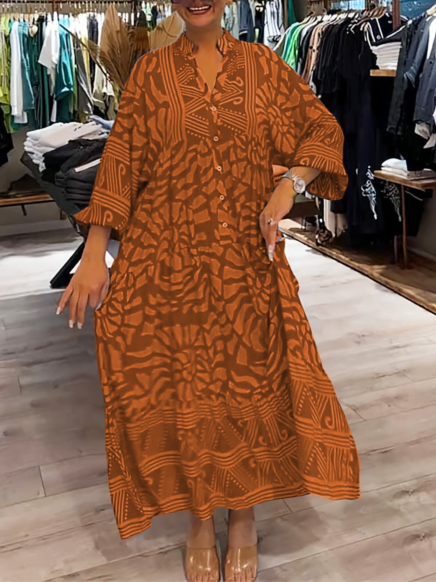 Elka™ - Robe Ample Imprimée avec Décolleté en V pour Femmes