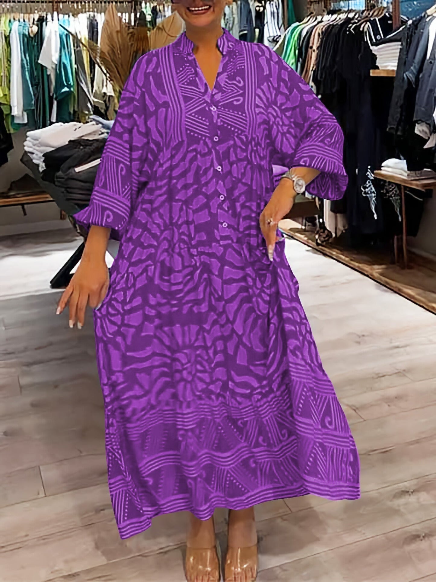 Elka™ - Robe Ample Imprimée avec Décolleté en V pour Femmes