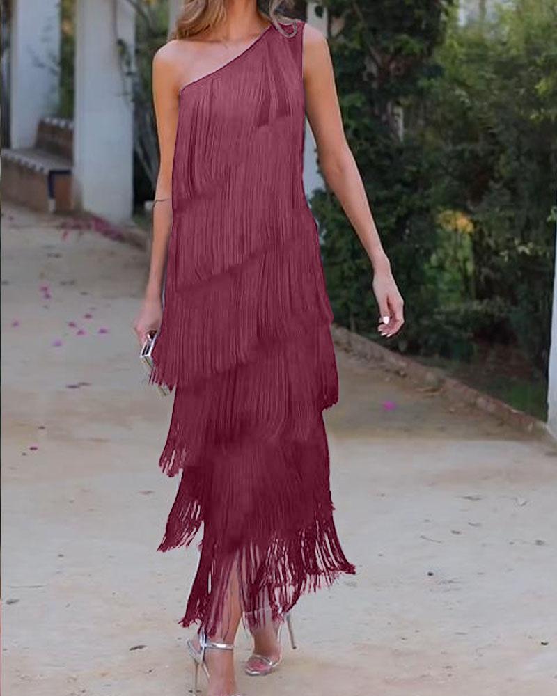 Robe à franges élégante Maya avec épaules dénudées