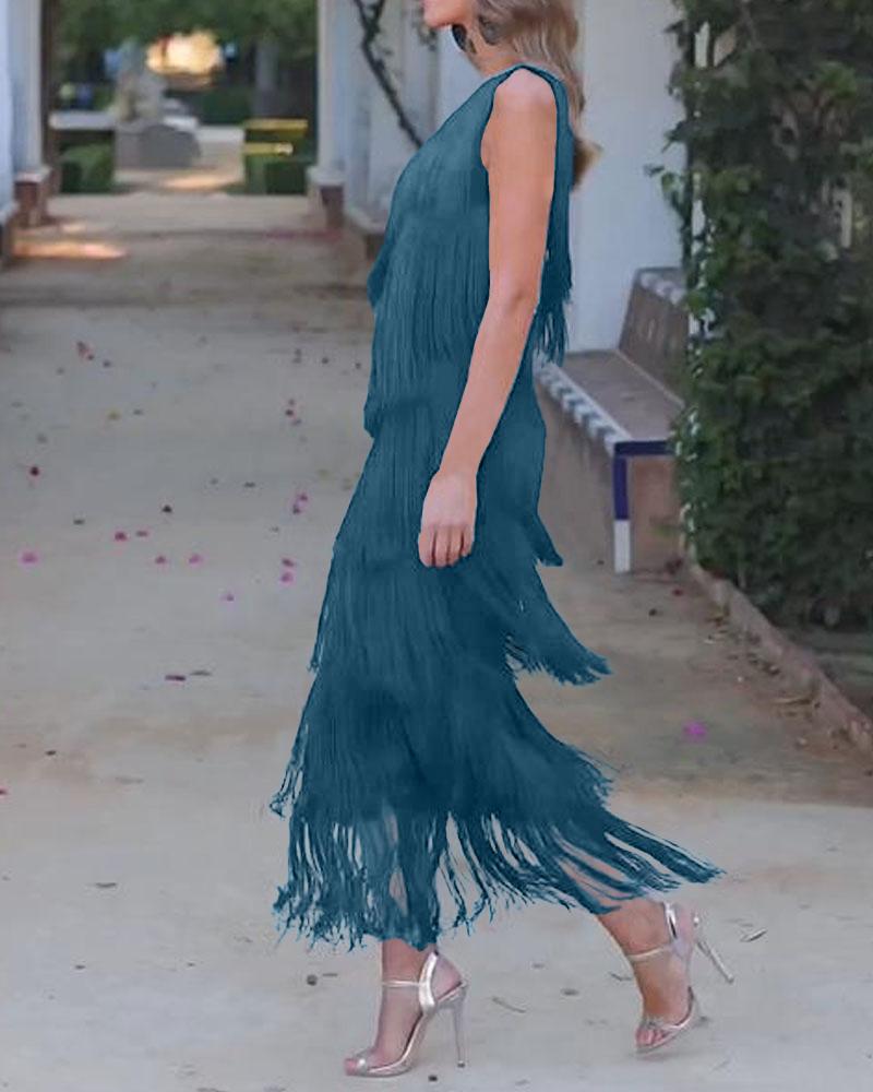 Robe à franges élégante Maya avec épaules dénudées