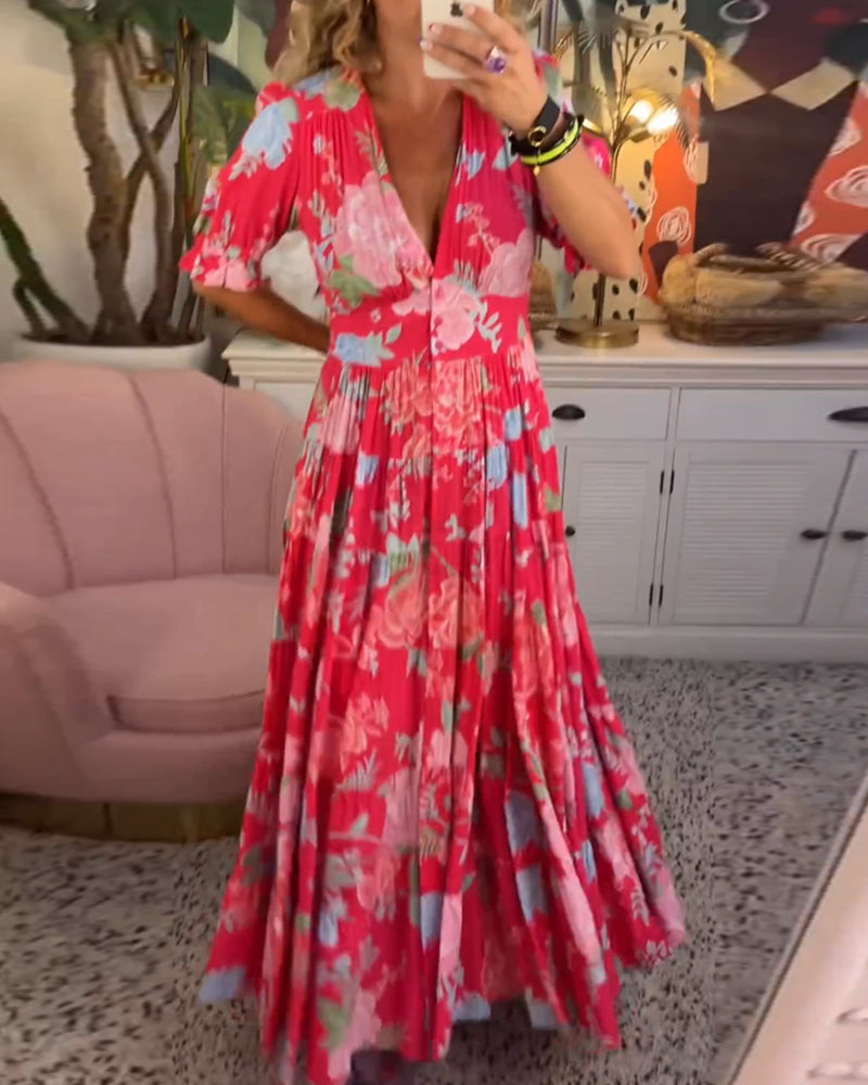 Catrisa ~ Robe Fleurie avec Décolleté en V et Poches