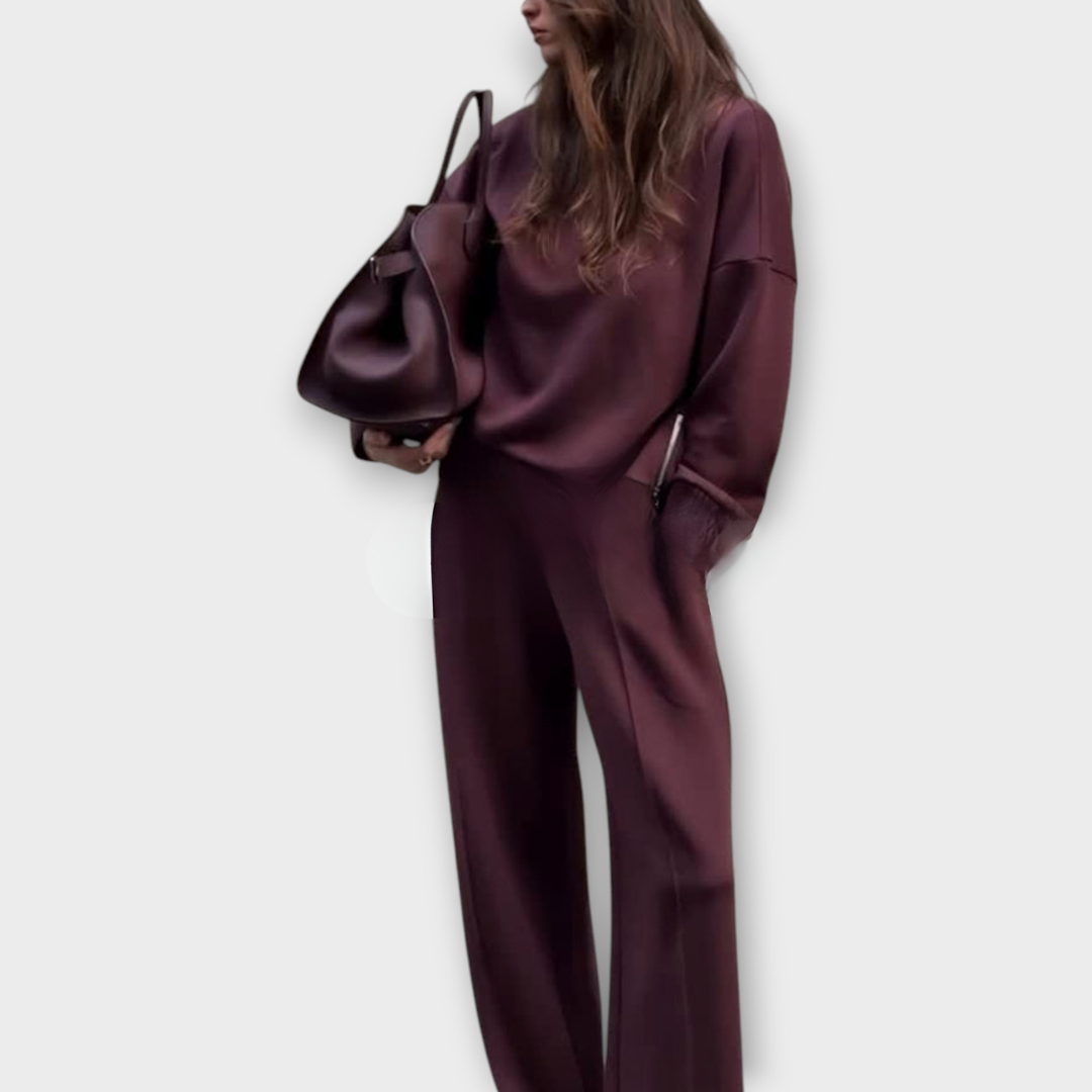 Ensemble de Pull Détendu avec Col Montant et Pantalons à Jambes Larges