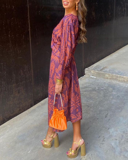 Janella - Robe Midi Longue avec Manches Drapées Vintage