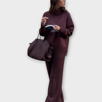 Ensemble de Pull Détendu avec Col Montant et Pantalons à Jambes Larges