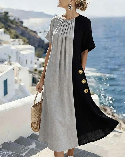 Robe longue décontractée à col rond et couleur contrastée