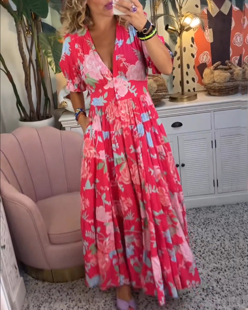 Catrisa ~ Robe Fleurie avec Décolleté en V et Poches