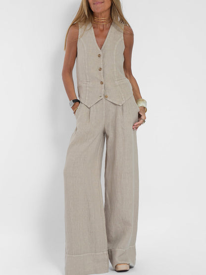 Jessica - Ensemble Gilet Boutonné & Pantalons à Jambes Larges