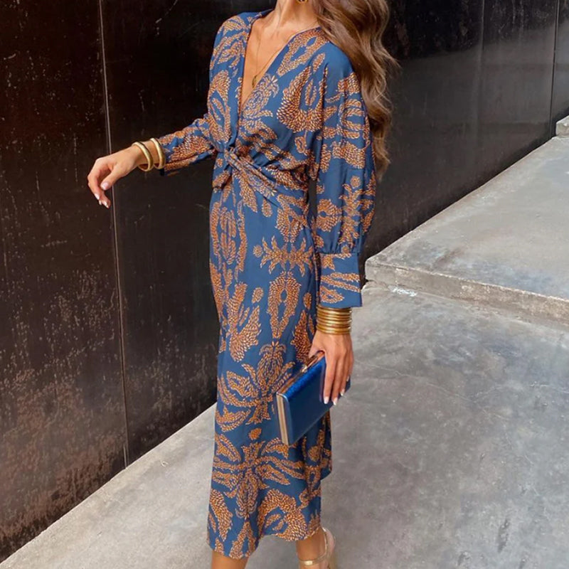 Janella - Robe Midi Longue avec Manches Drapées Vintage