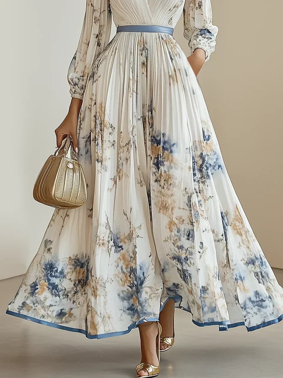Halston - Élégant Robe Maxi à Manches Bouffantes et Décolleté en V