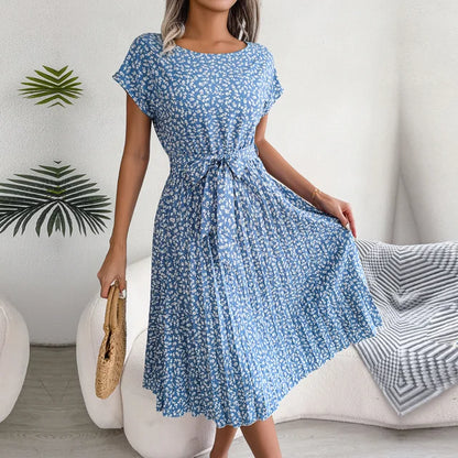 Robe Midi Plissée à Manches Courtes pour Femme avec Ceinture à la Taille