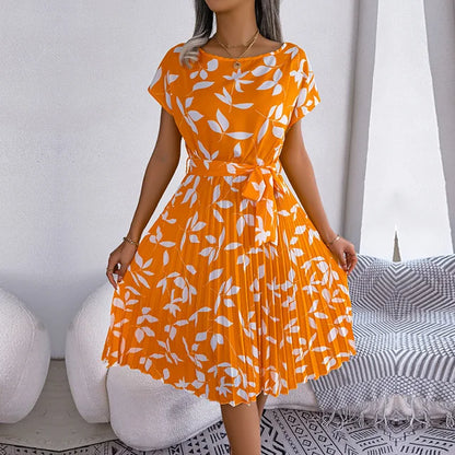 Robe Midi Plissée à Manches Courtes pour Femme avec Ceinture à la Taille