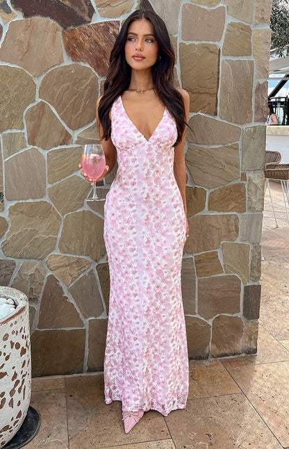 Farida - Robe Maxi en Dentelle Rose