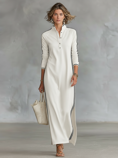 Robe Maxy Sweat Femme avec Col Button-down et Bord Blanc