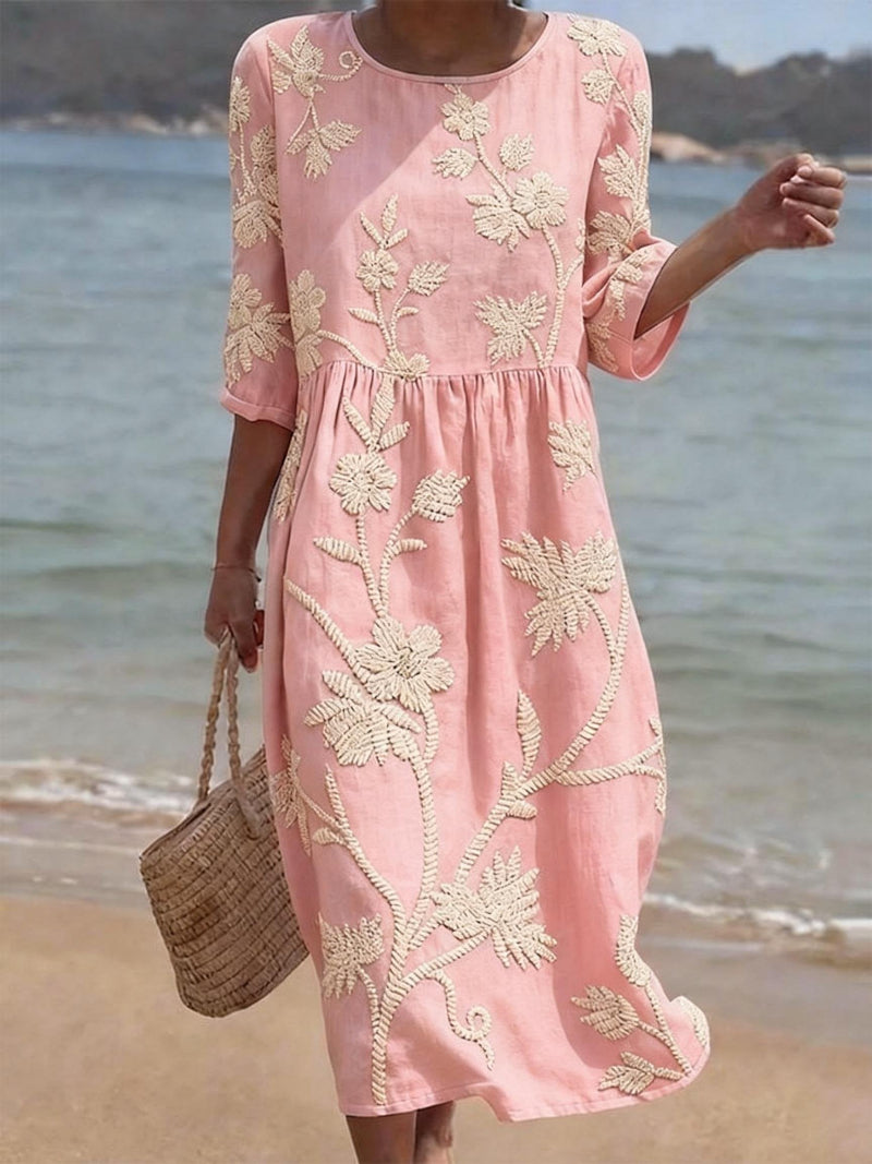 Robe Midi Fluide avec Broderies Florales - Collection Vintage Élégante