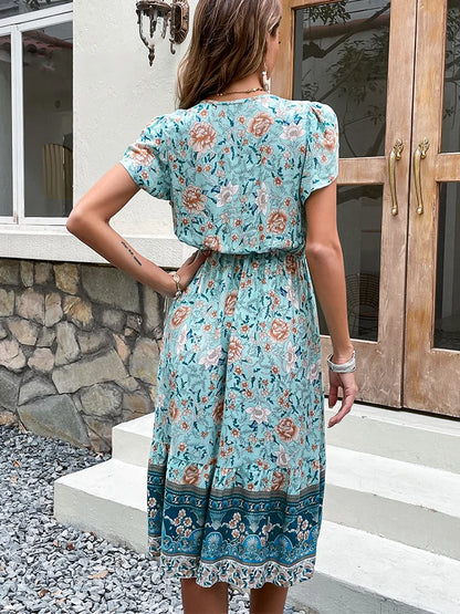 Celia - Robe Midi Boho Florale Verte