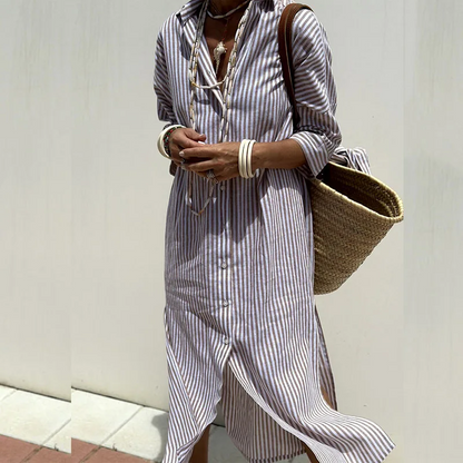 Hazel - Élégante Robe Midi Rayée de Confort