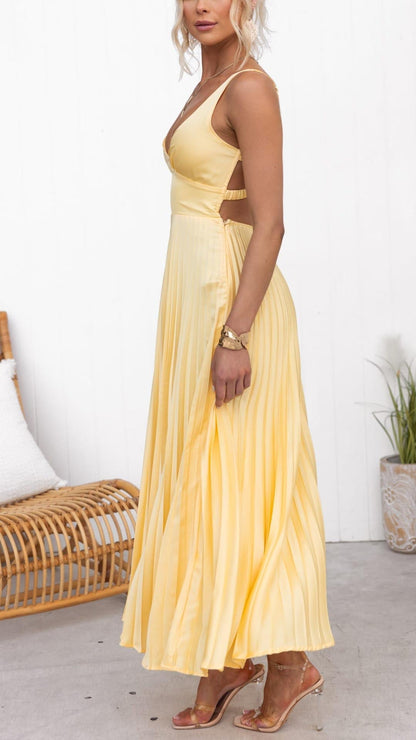 Aby - Robe Maxi Jaune avec Plis et Décolleté en V