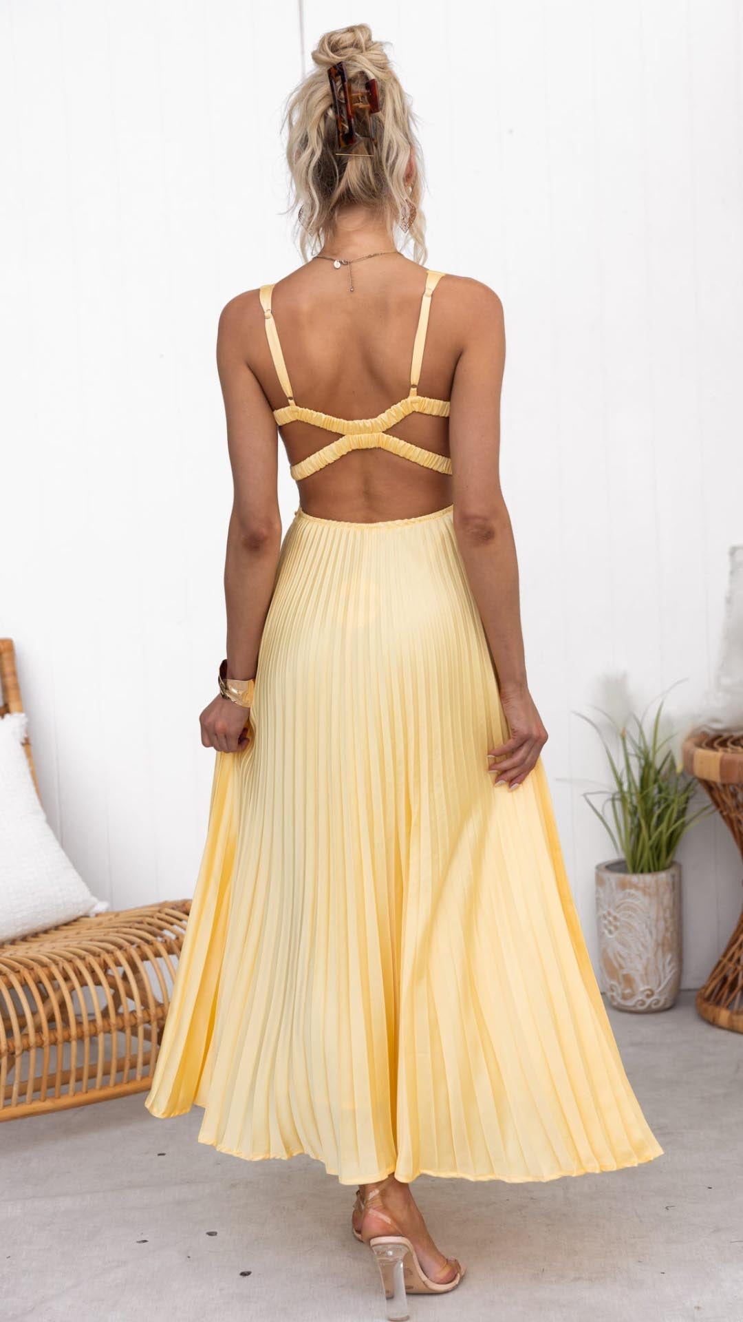 Aby - Robe Maxi Jaune avec Plis et Décolleté en V