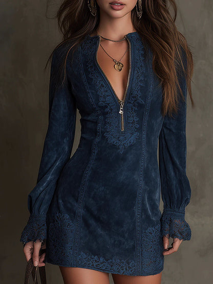 Azulena ❘ Robe mini vintage en daim avec dentelle