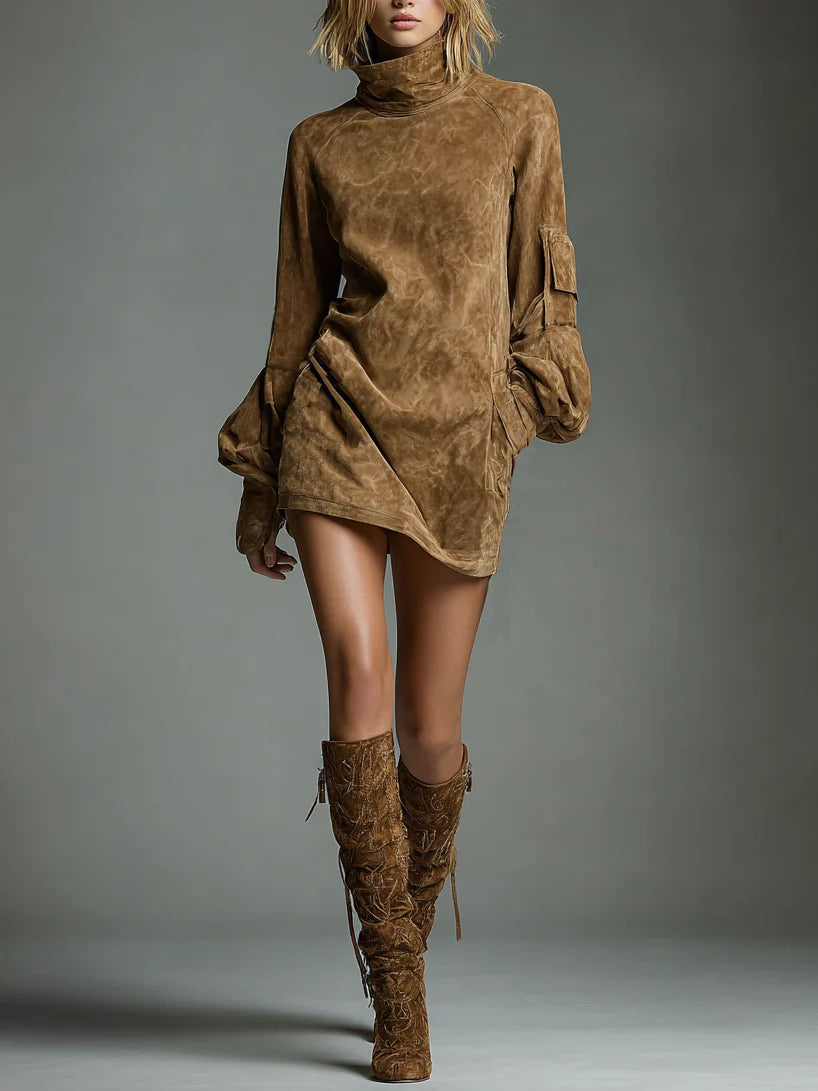 Beli | Robe mini en daim ample avec col montant
