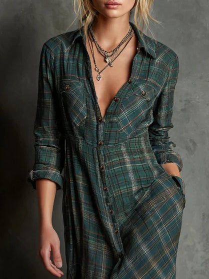 LUCINNE – ROBE CHEMISE MAXI À CARREAUX ÉLÉGANTE