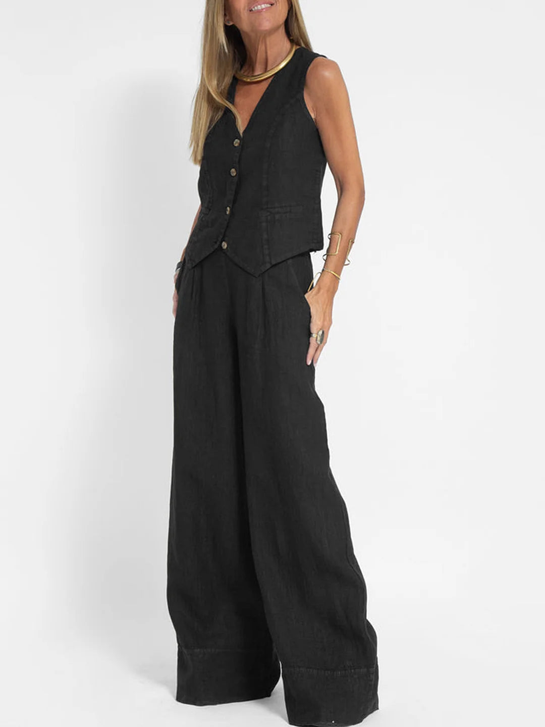 Jessica - Ensemble Gilet Boutonné & Pantalons à Jambes Larges