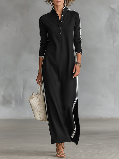 Robe Maxy Sweat Femme avec Col Button-down et Bord Blanc