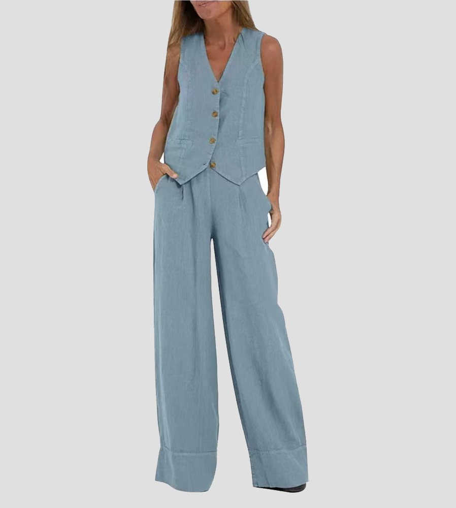 Jessica - Ensemble Gilet Boutonné & Pantalons à Jambes Larges