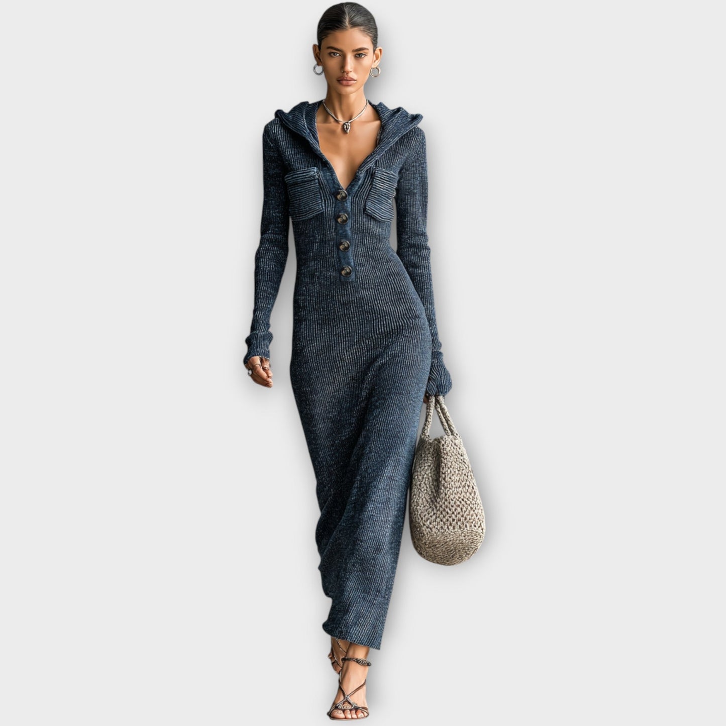 Robe Maxi Côtelée avec Capuche et Boutons