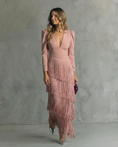 Elara™ | Élégante robe midi avec manches à franges