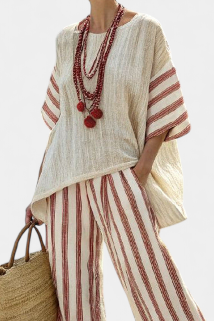 Braelith | Haut Rayé Rustique Élégant & Pantalons en Lin Crème