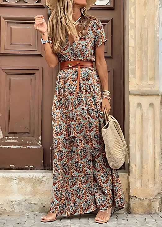 Briony – Robe Longue Élégante avec Imprimés Paisley et Ceinture