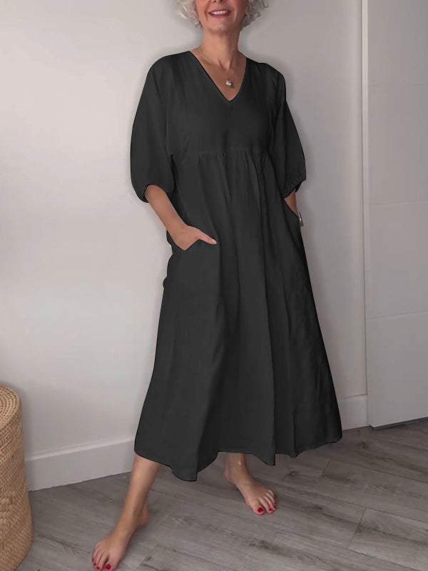 Eeva™ - Robe Midi Décontractée avec Décolleté en V et Poches