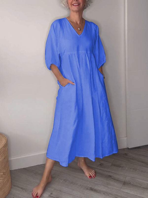 Eeva™ - Robe Midi Décontractée avec Décolleté en V et Poches