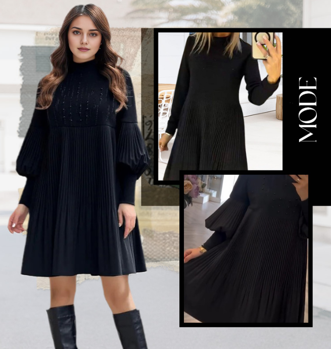 Marlene | Robe Grande Taille avec Col Haut et Manches Bouffantes