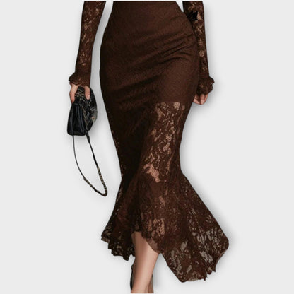 Robe Midi Élégante en Dentelle avec Col Haut