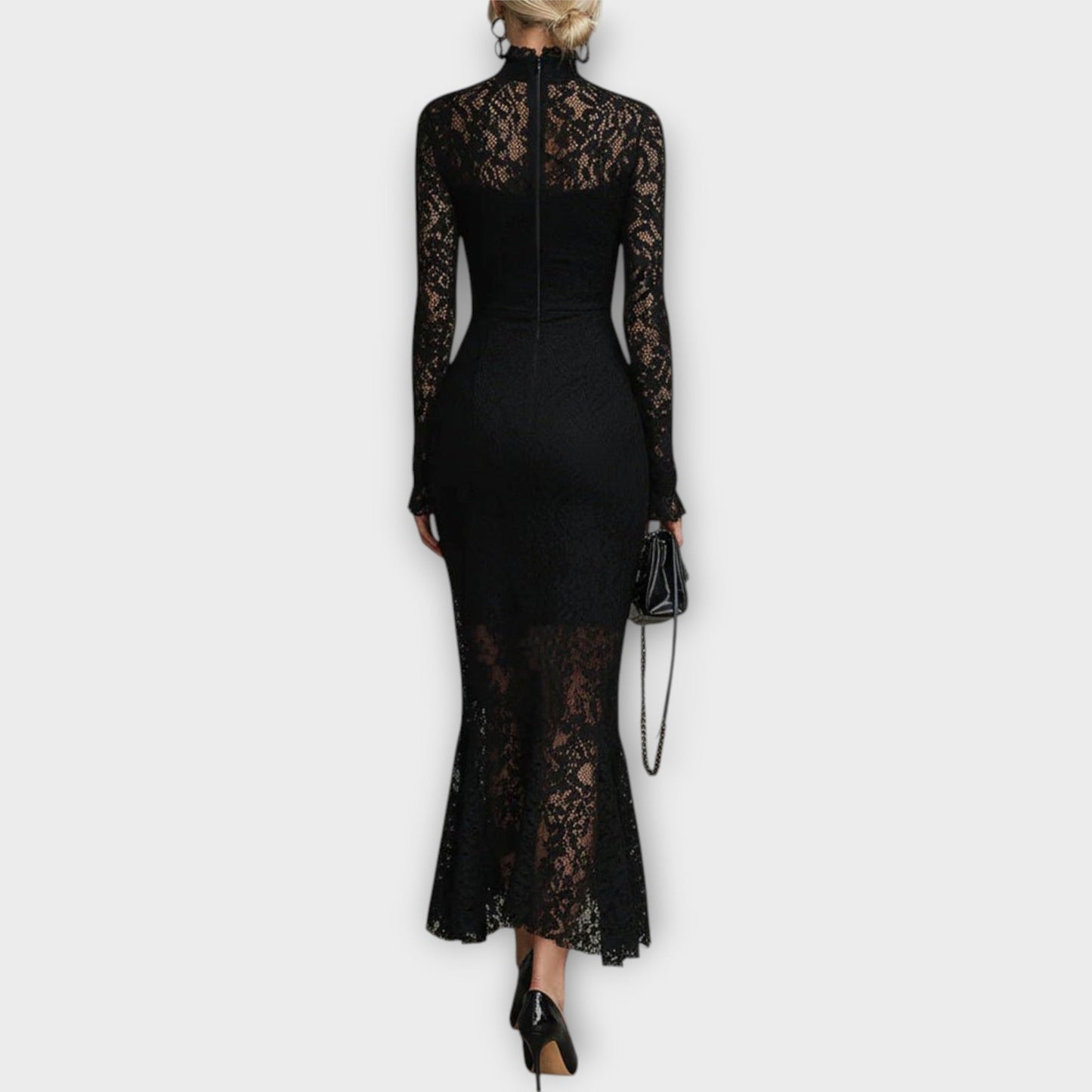 Robe Midi Élégante en Dentelle avec Col Haut